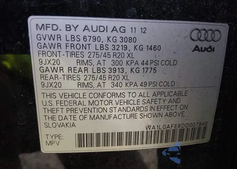 2013 Audi Q7 3.0T Premium from USA, damaged, VIN WA1LGAFE8DD007840
